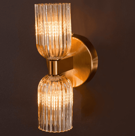 Hilaria 2 Light Bathroom Wall Light Antique Gold and Amber Ribbed Glass IP44