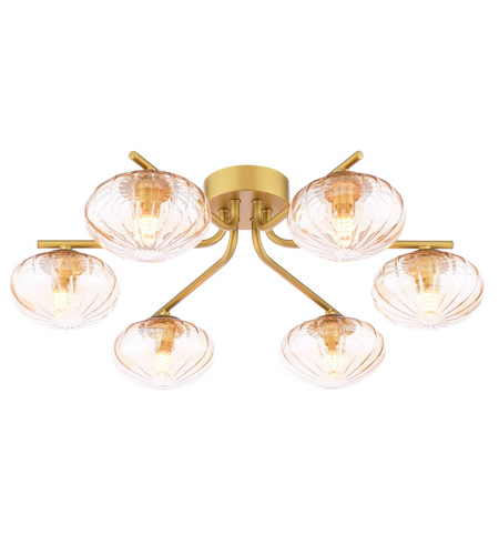 Ede 6 Light Semi-Flush Satin Gold and Amber Glass