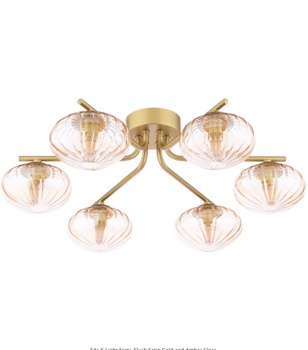 Ede 6 Light Semi-Flush Satin Gold and Amber Glass