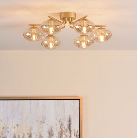 Ede 6 Light Semi-Flush Satin Gold and Amber Glass