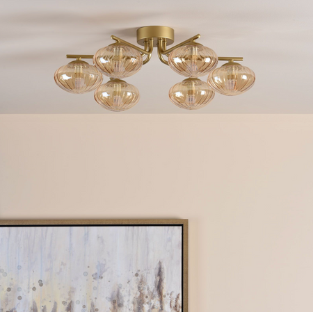 Ede 6 Light Semi-Flush Satin Gold and Amber Glass