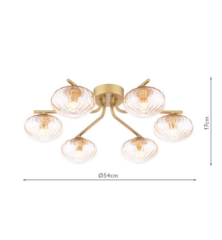 Ede 6 Light Semi-Flush Satin Gold and Amber Glass