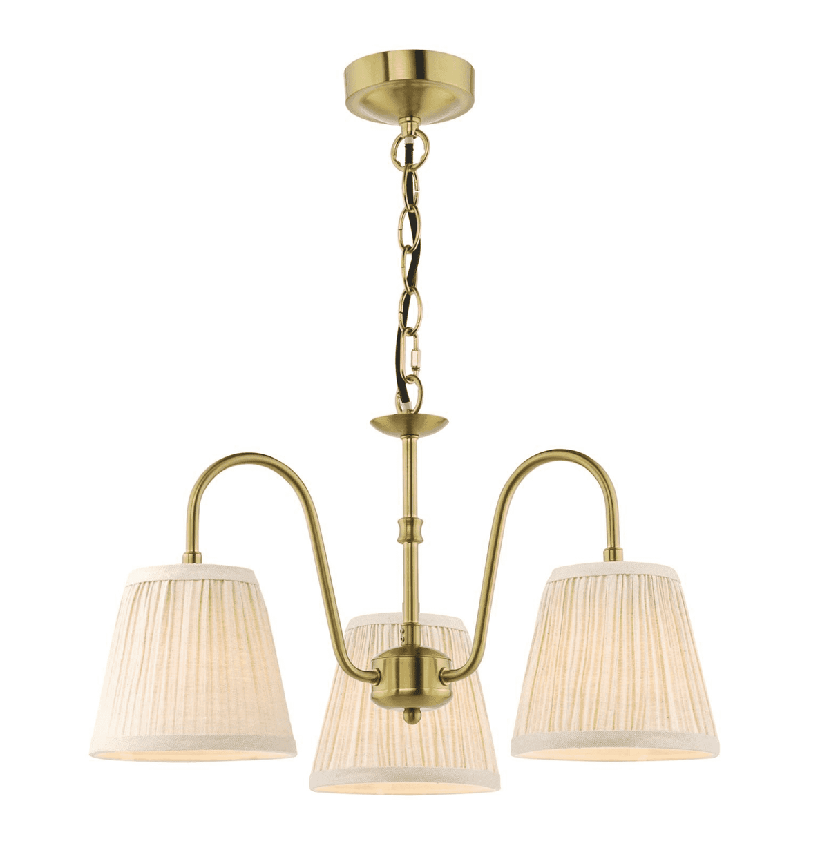 Hadano 3 Light Pendant Natural Brass With Natural Linen Pleated Shades