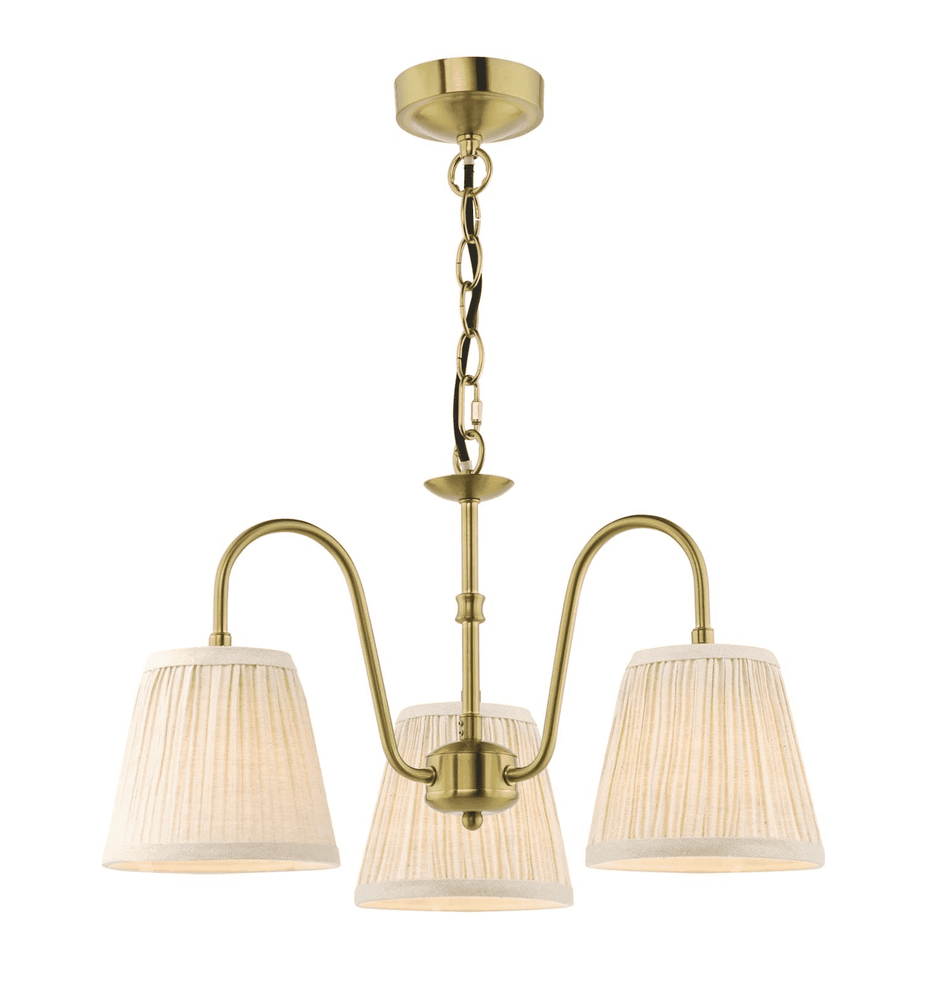 Hadano 3 Light Pendant Natural Brass With Natural Linen Pleated Shades