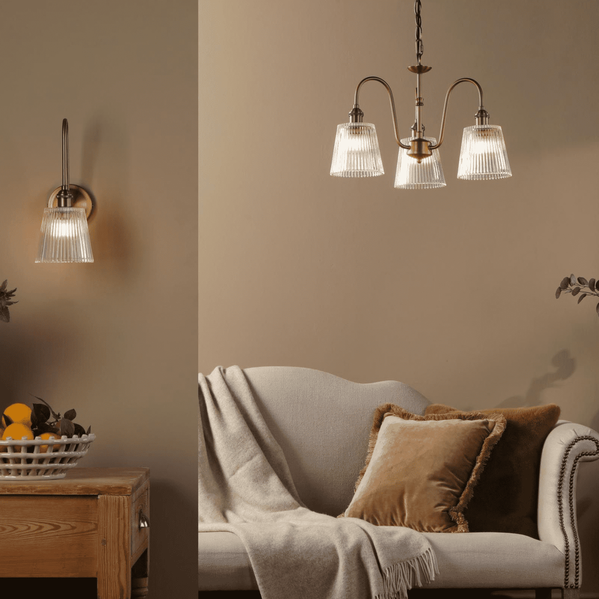 Hadano Tall Wall Light Antique Bronze with Clear Ribbed Glass Shaded