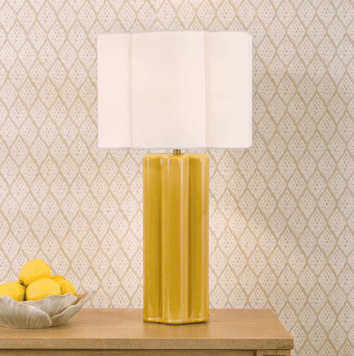 Fiyan Table Lamp Yellow Ceramic and Antique Brass With Scallop LInen Shade