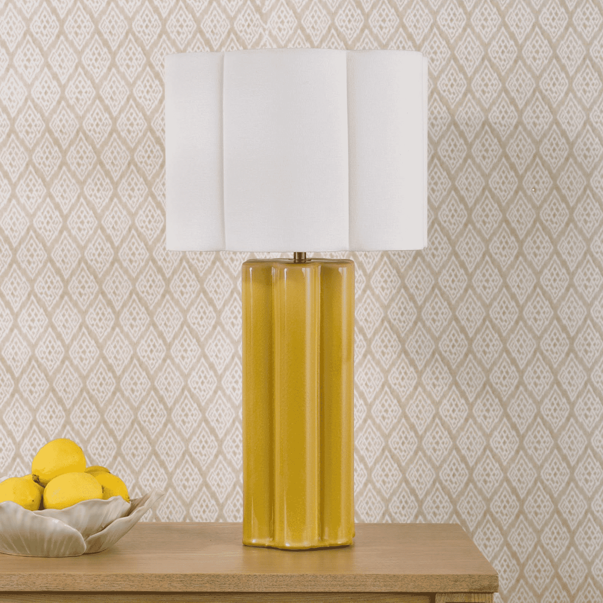Fiyan Table Lamp Yellow Ceramic and Antique Brass With Scallop LInen Shade