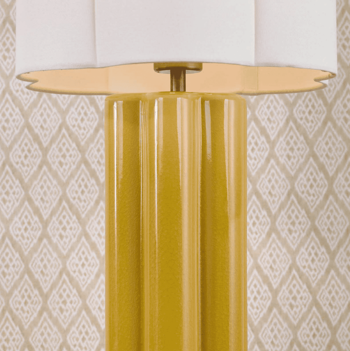 Fiyan Table Lamp Yellow Ceramic and Antique Brass With Scallop LInen Shade