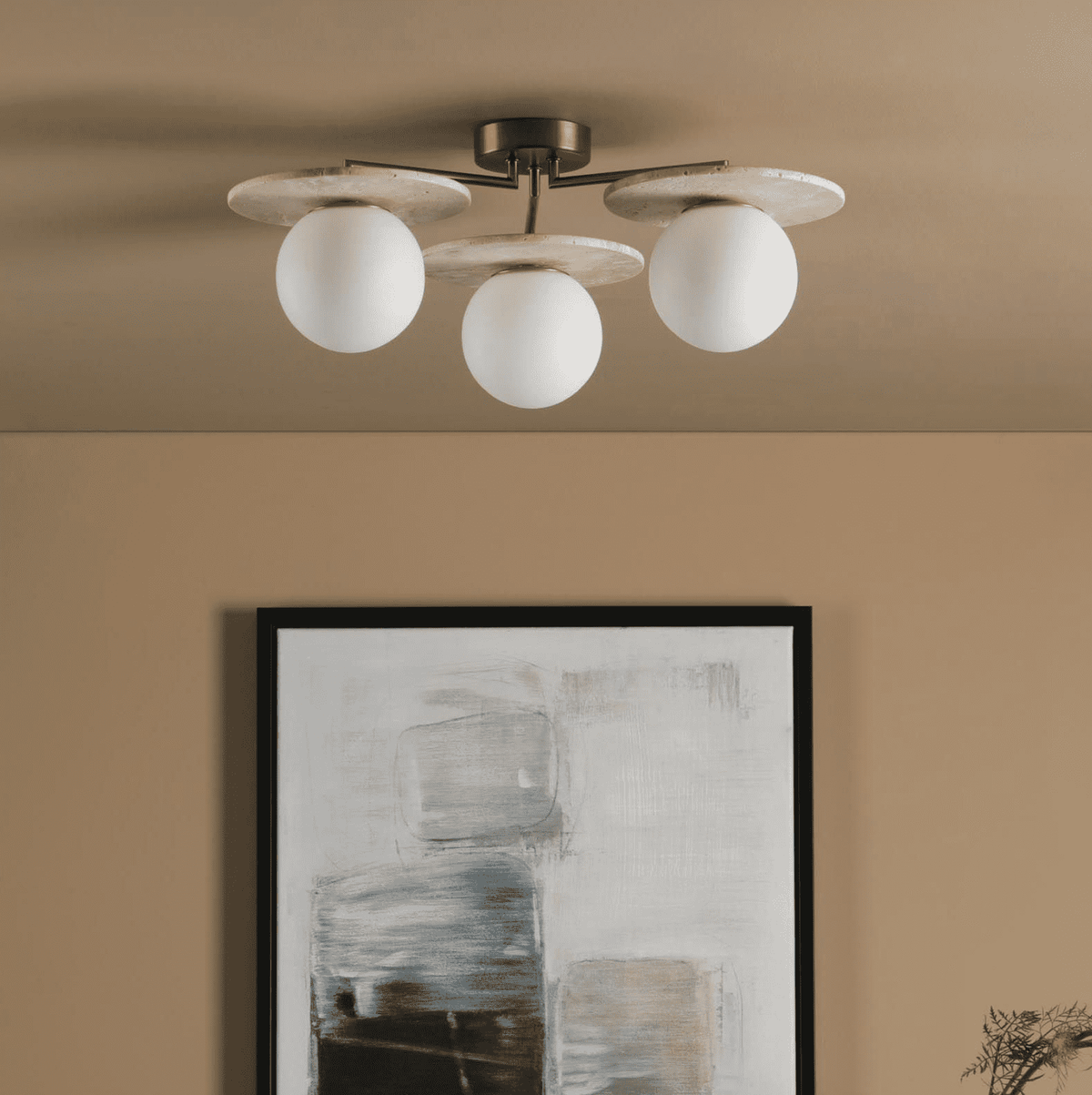 Inaya 3 Light Semi-Flush Natural Brass and Travertine