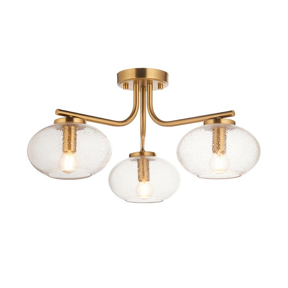 Jacob 3lt Semi Flush Warm Brass Finish & Clear Bubbled Glass Shades
