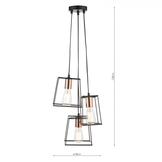 Tower 3 Light Cluster Pendant Black & Copper