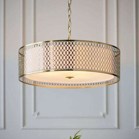 Cordero 3lt Pendant Gold effect plate, white fabric & frosted glass