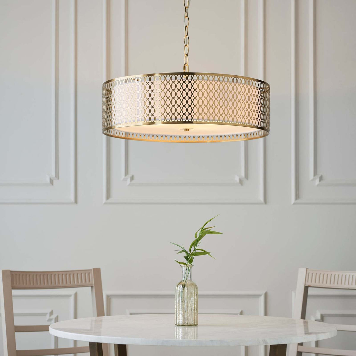 Cordero 3lt Pendant Gold effect plate, white fabric & frosted glass
