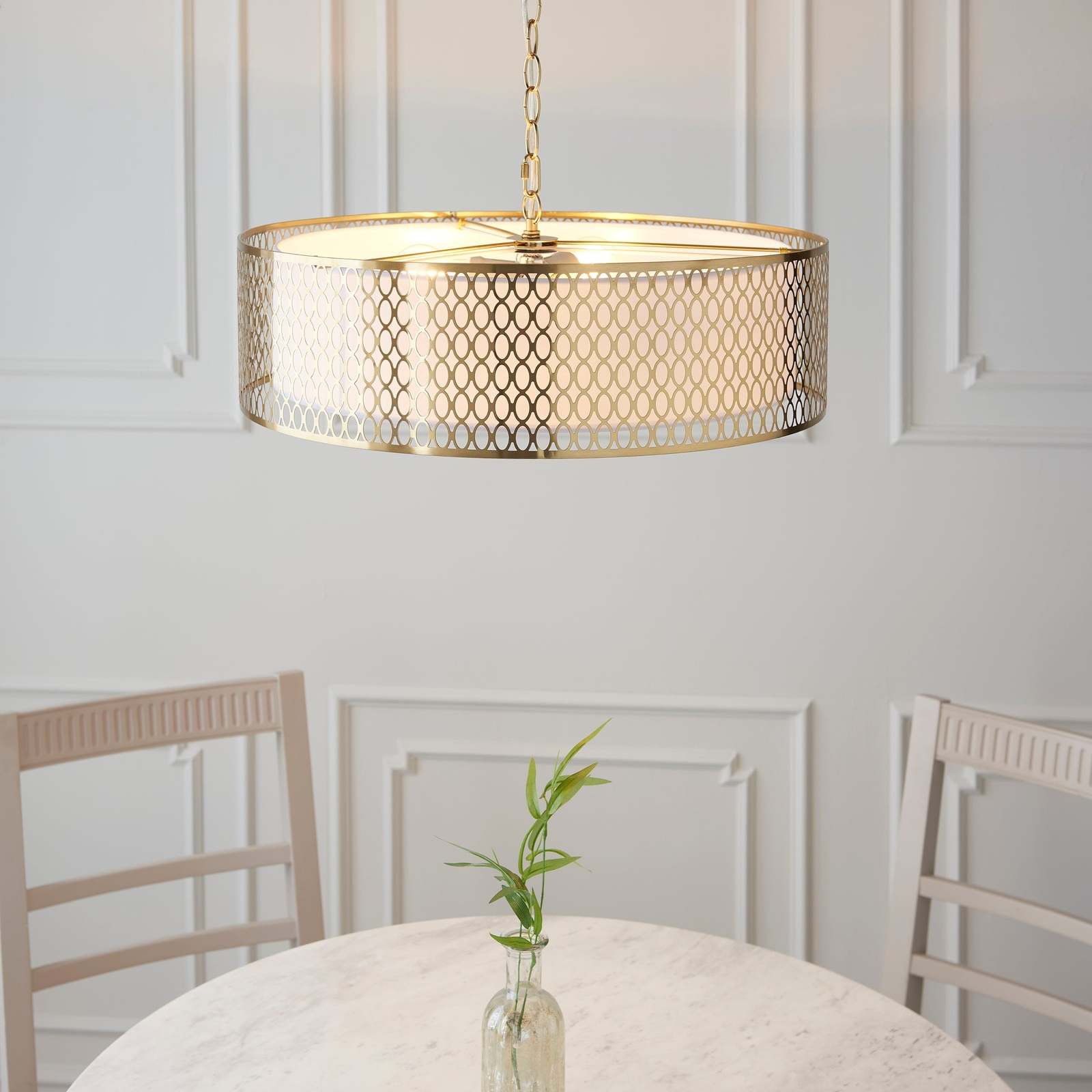 Cordero 3lt Pendant Gold effect plate, white fabric & frosted glass