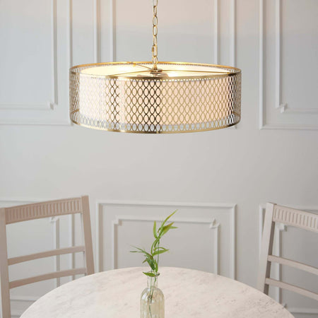 Cordero 3lt Pendant Gold effect plate, white fabric & frosted glass