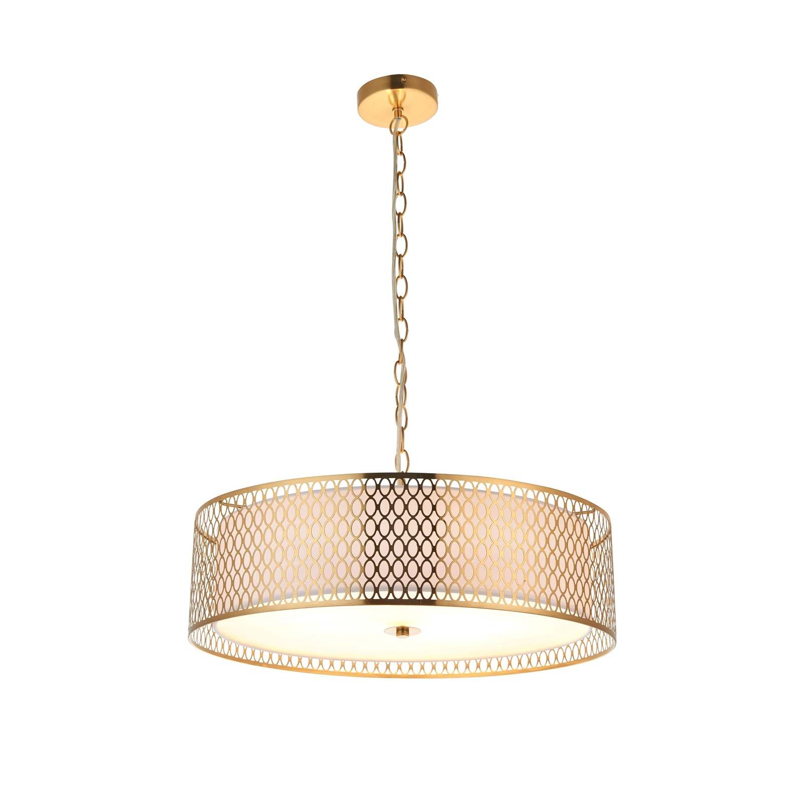 Cordero 3lt Pendant Gold effect plate, white fabric & frosted glass