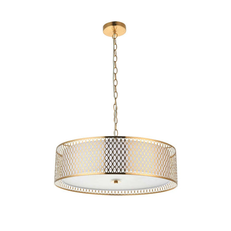 Cordero 3lt Pendant Gold effect plate, white fabric & frosted glass