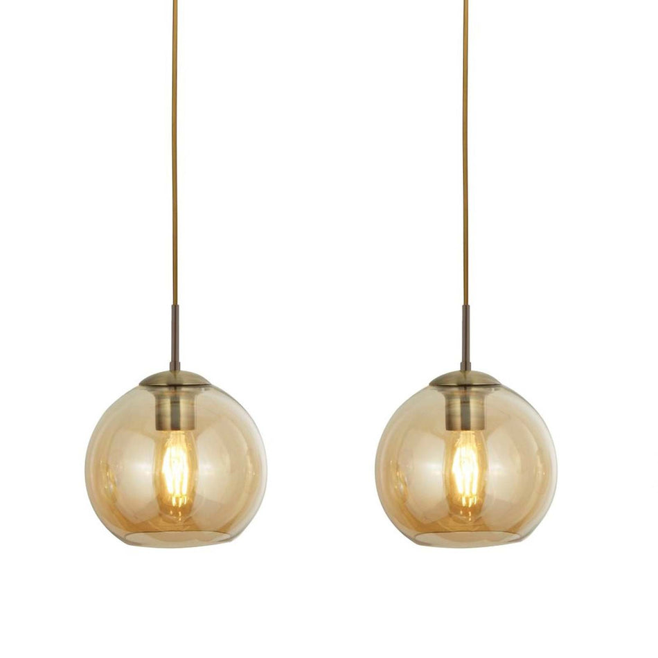 Balls 3Lt Bar Pendant, Antique Brass With Amber Glass