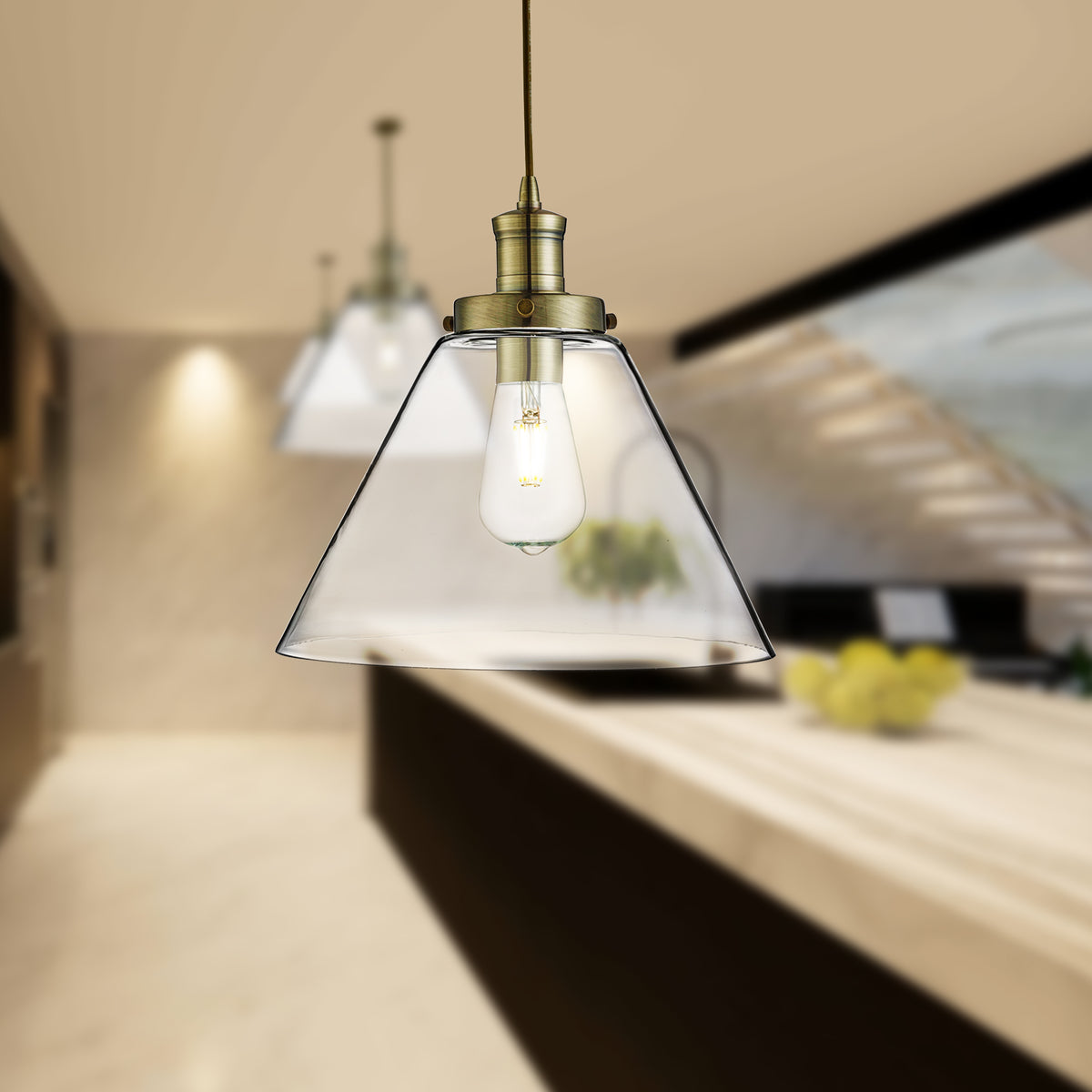 Pyramid 1Lt Pendant, Antique Brass, Clear Pyramid Glass Shade