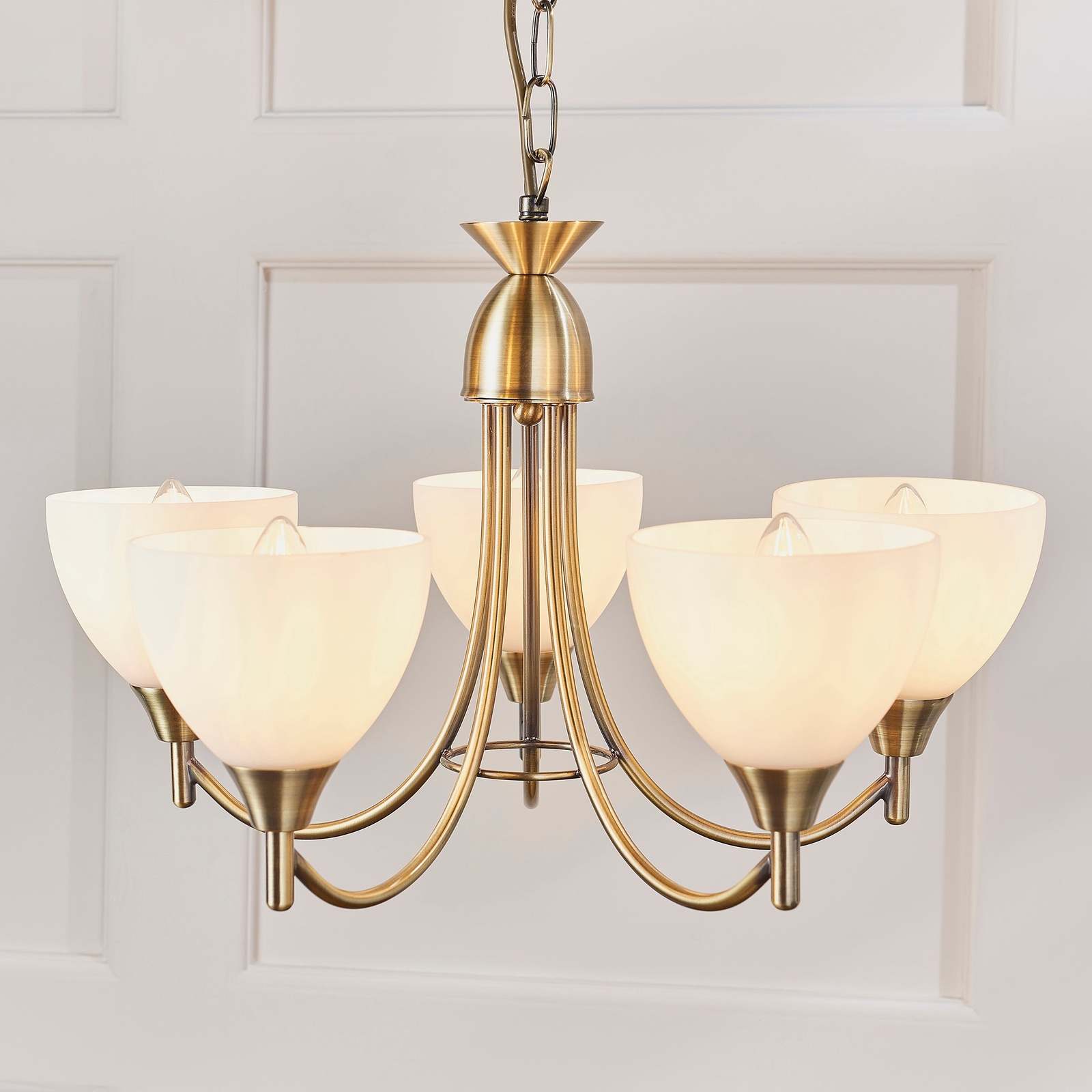 Alton 5lt Pendant Antique brass plate & matt opal glass