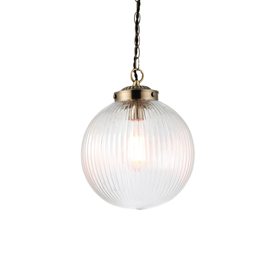 Brydon 1lt Pendant Antique brass plate & clear ribbed glass