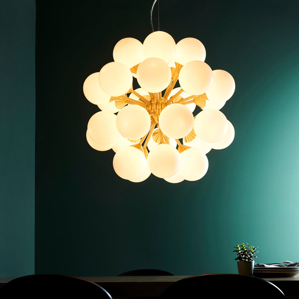 Oscar 28lt Pendant Satin brass plate & gloss white glass