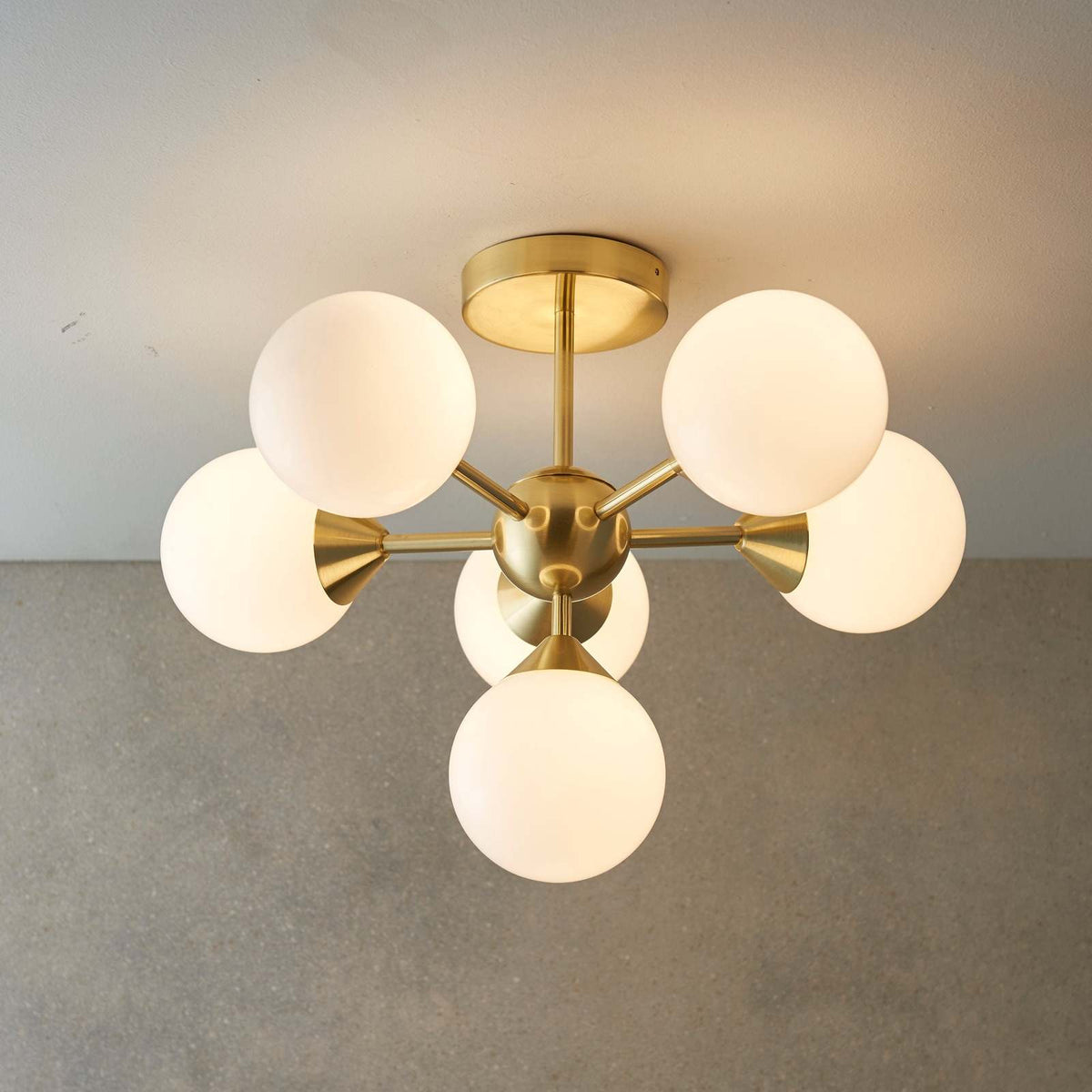 Oscar 6lt Semi flush Satin brass plate & gloss white glass