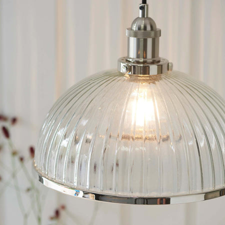 Hansen 1lt Pendant Bright nickel plate & clear ribbed glass