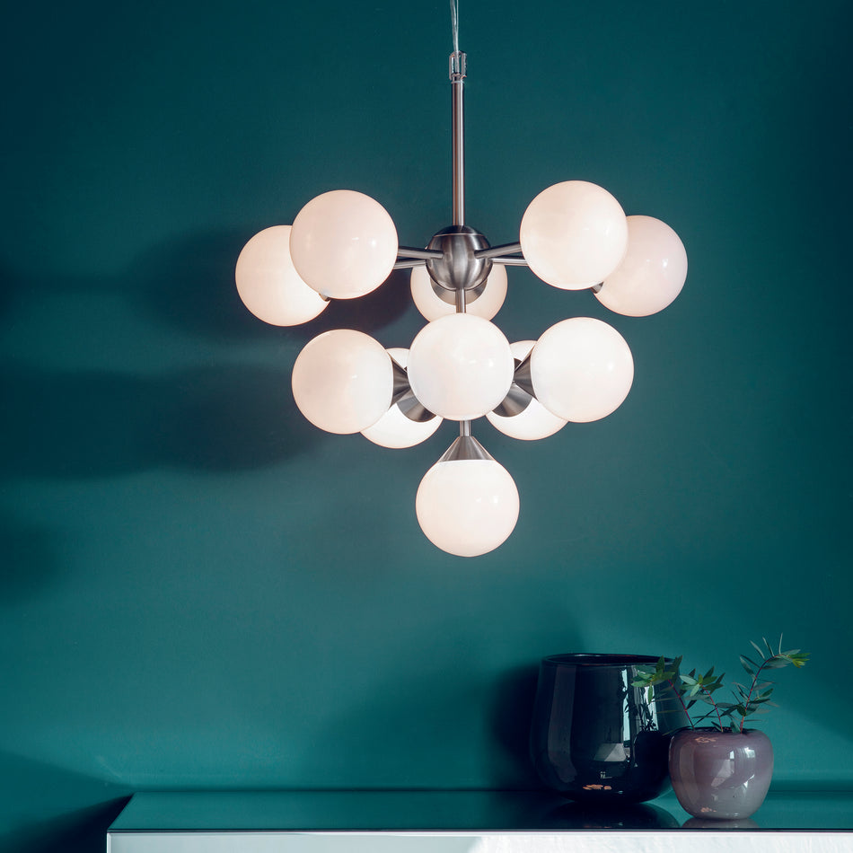 Oscar 11lt Pendant Satin nickel plate & gloss white glass