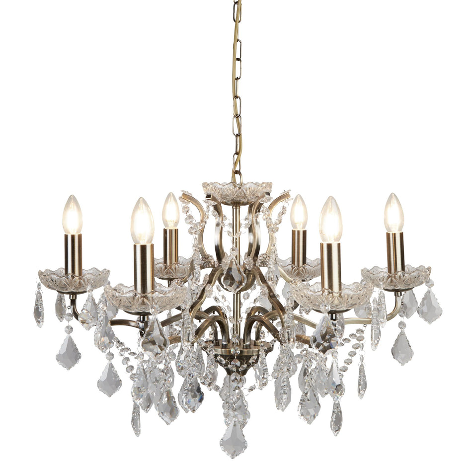 Paris 6Lt Chandelier, Clear Crystal Drops & Trim, Antique Brass