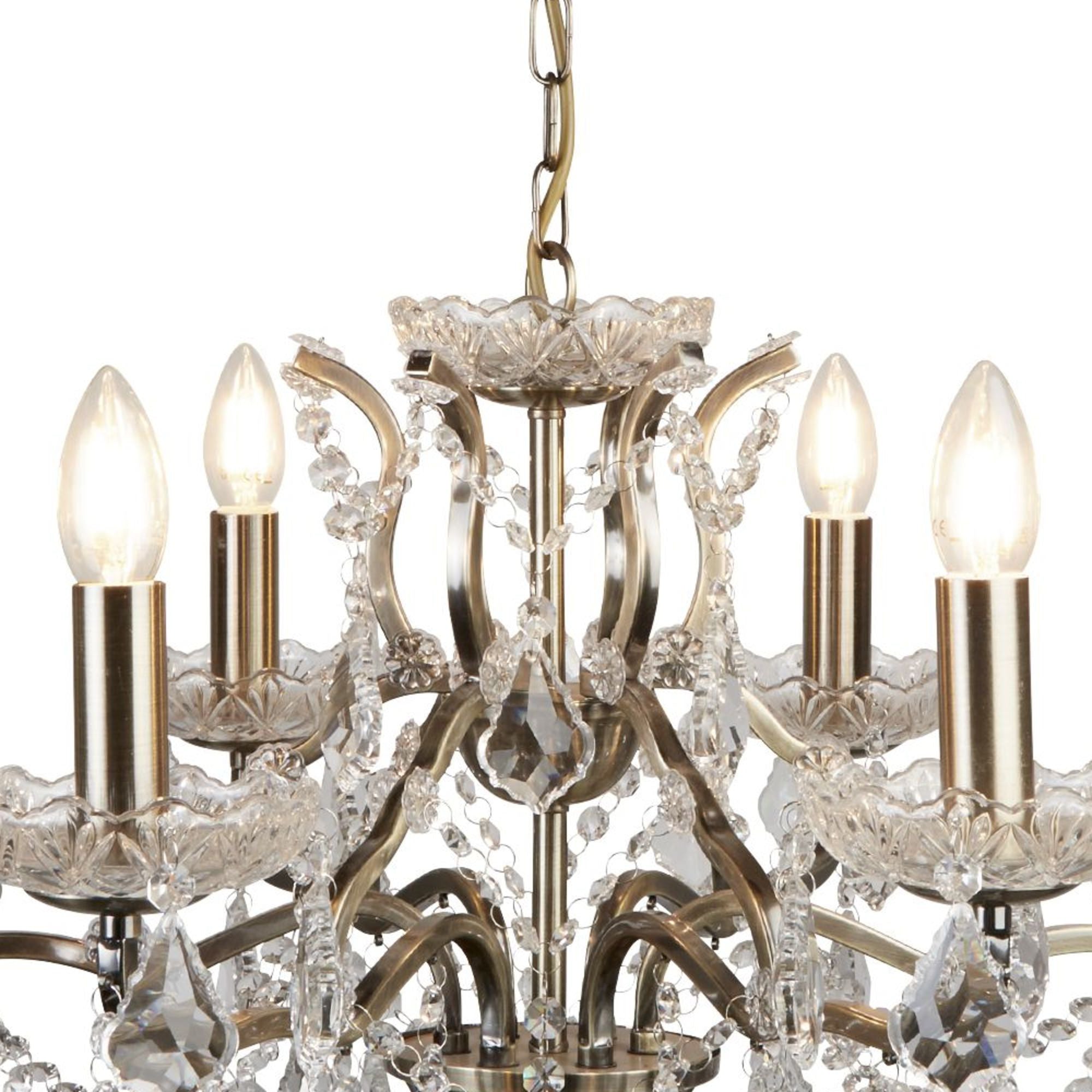 Paris 6Lt Chandelier, Clear Crystal Drops & Trim, Antique Brass