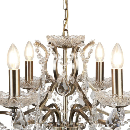 Paris 6Lt Chandelier, Clear Crystal Drops & Trim, Antique Brass
