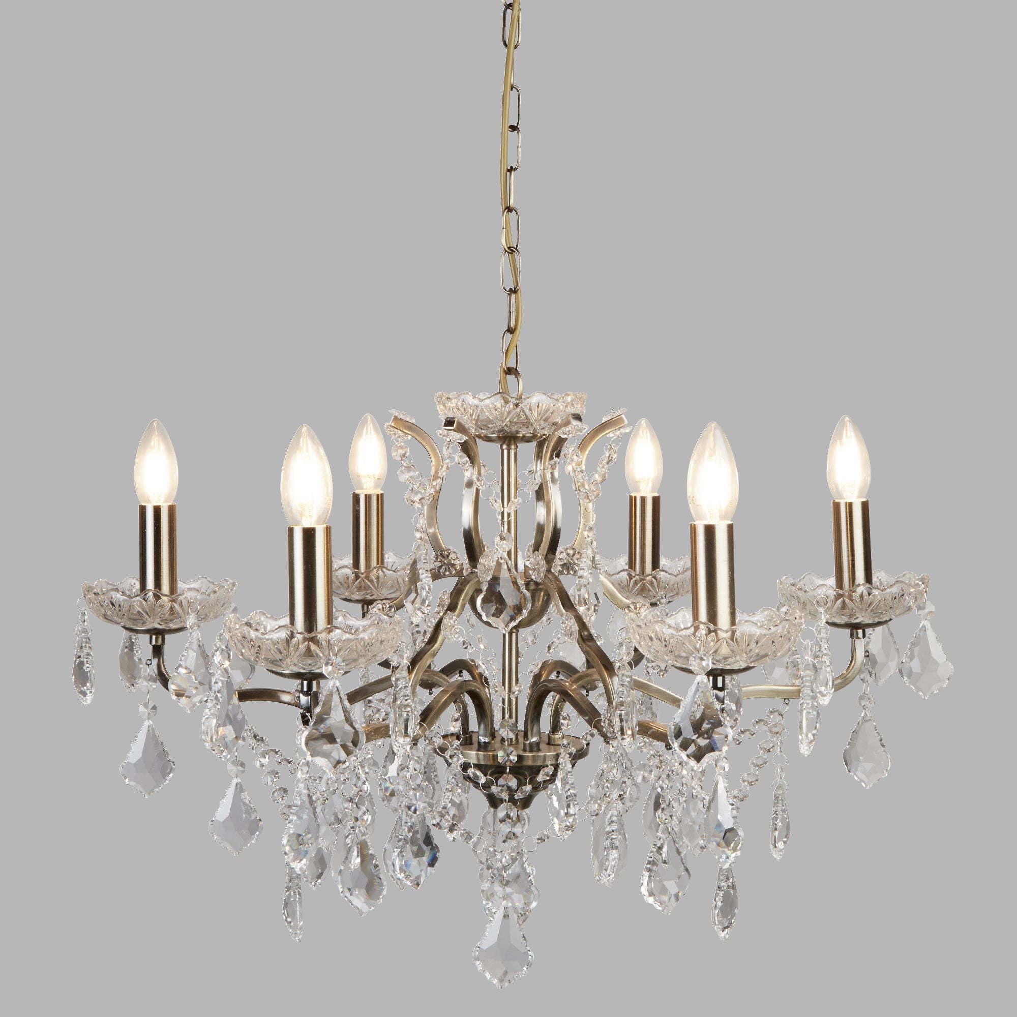 Paris 6Lt Chandelier, Clear Crystal Drops & Trim, Antique Brass