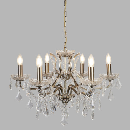 Paris 6Lt Chandelier, Clear Crystal Drops & Trim, Antique Brass