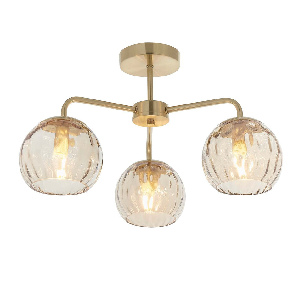 Dimple 3lt Semi flush Satin brass plate & champagne lustre glass