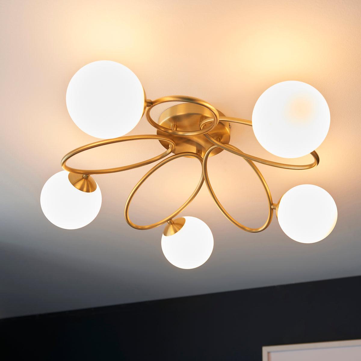 Ellipse 5lt Semi flush Satin brass plate & matt opal glass