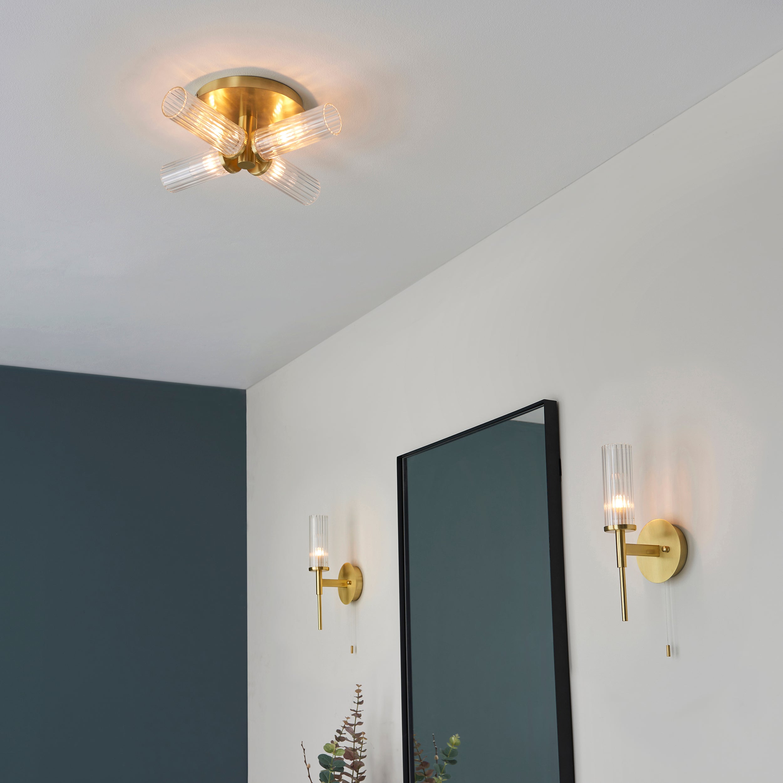 Talo 4lt Semi flush Satin brass plate & clear ribbed glass