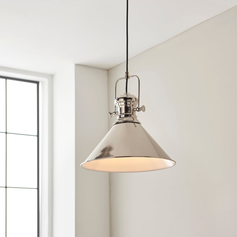 Brampton 1lt Pendant Bright nickel plate & gloss white