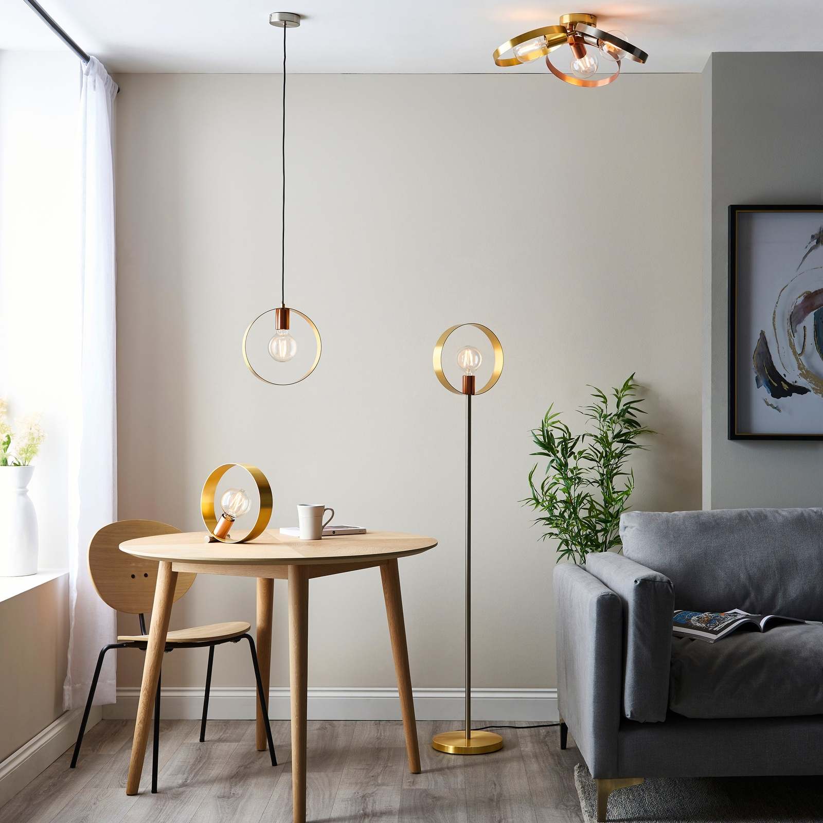 Hoop 1lt Pendant Brushed brass, nickel & copper plate